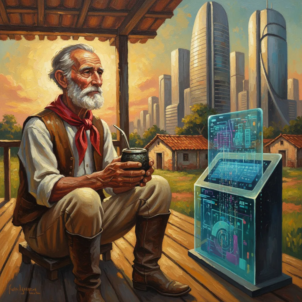 Pintura a óleo de um gaúcho na varanda com um terminal de IA futurista ao lado.