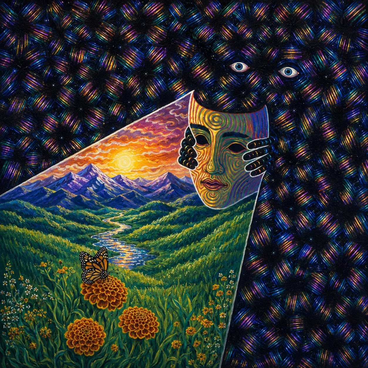 Observer — Rozzi Roomian. A golden mask being peeled back like a page, revealing a valley with a river and a monarch butterfly. In the dark iridescent background, two eyes float.