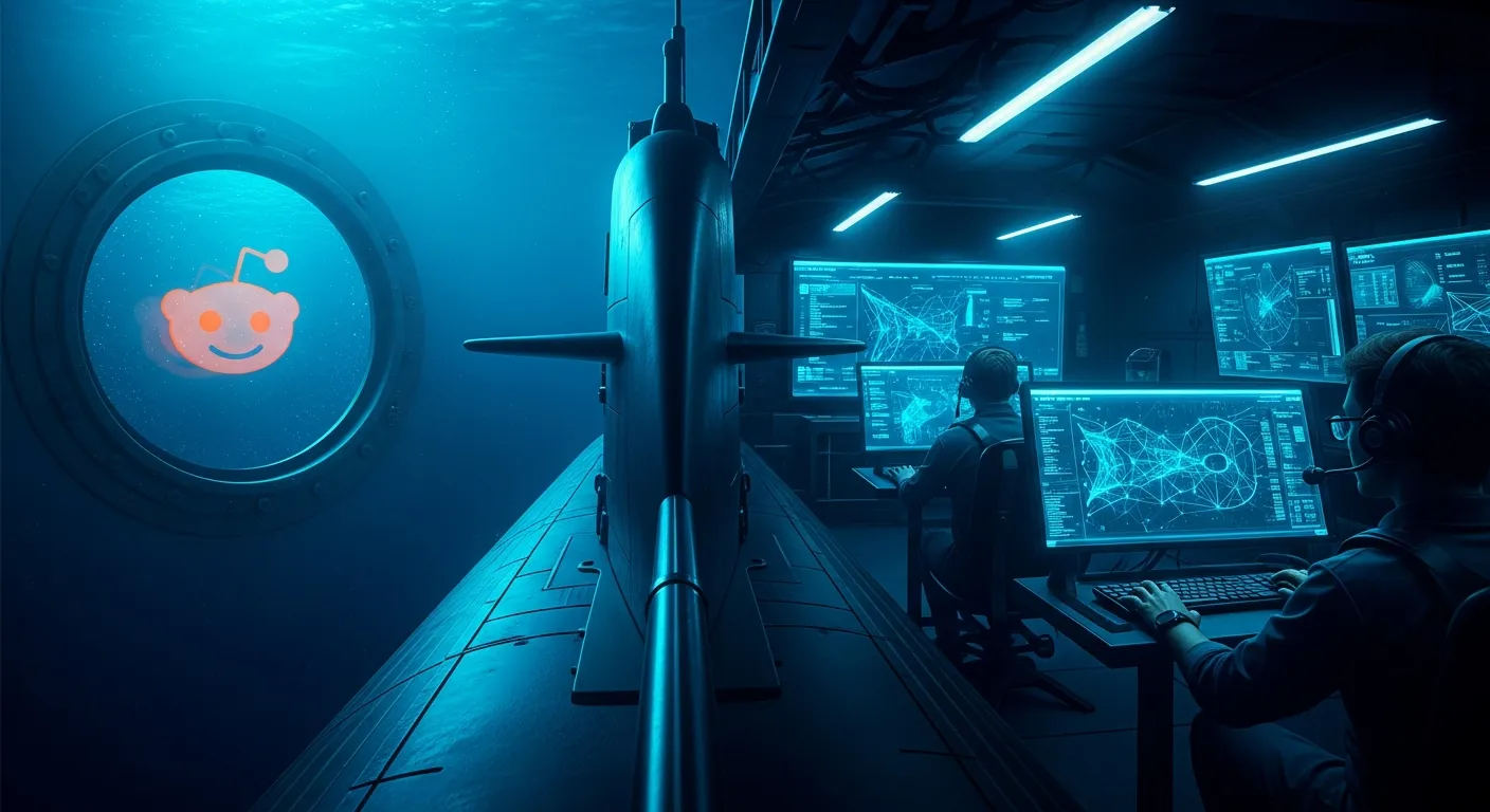 Submarine underwater with OSINT intelligence theme, dark blue depths, cinematic
