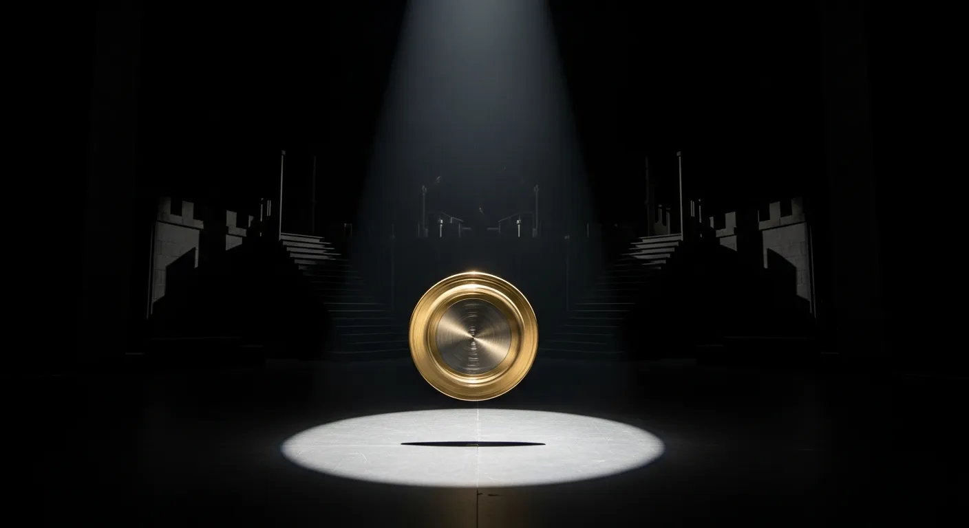 Gold coin spinning in void, Rosencrantz theatrical stage, probability and fate