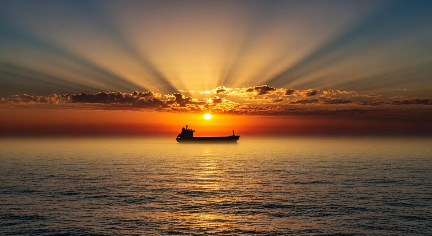 Ship crossing open ocean at dawn, philosophical journey theme