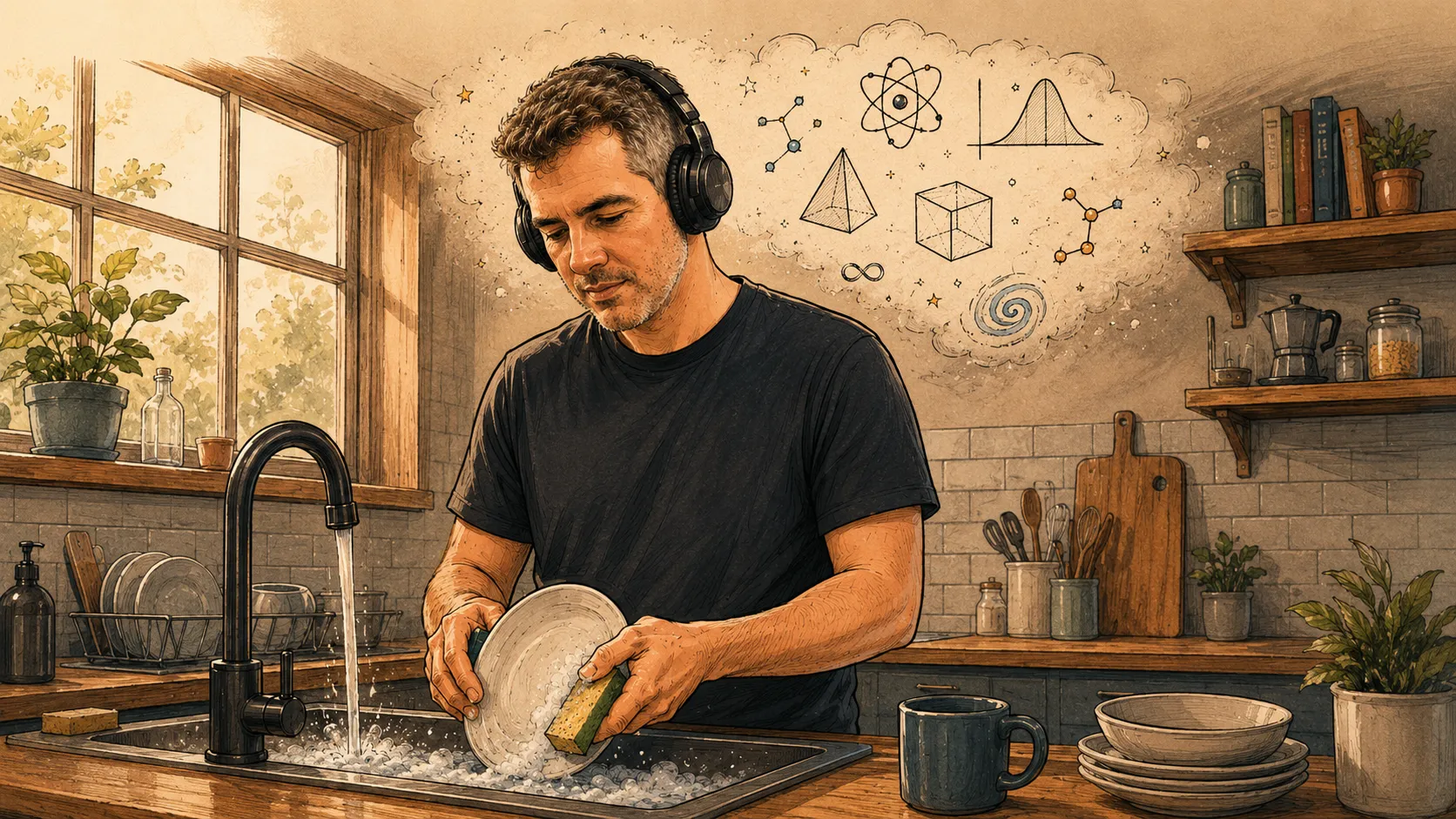 A man at a kitchen sink, washing dishes with headphones on, wearing a focused, slightly tired expression. Behind him, a thought-cloud contains abstract scientific symbols: an atom, a Gaussian curve, geometric shapes, a spiral, an infinity sign, a molecule. Warm domestic lighting from a window.