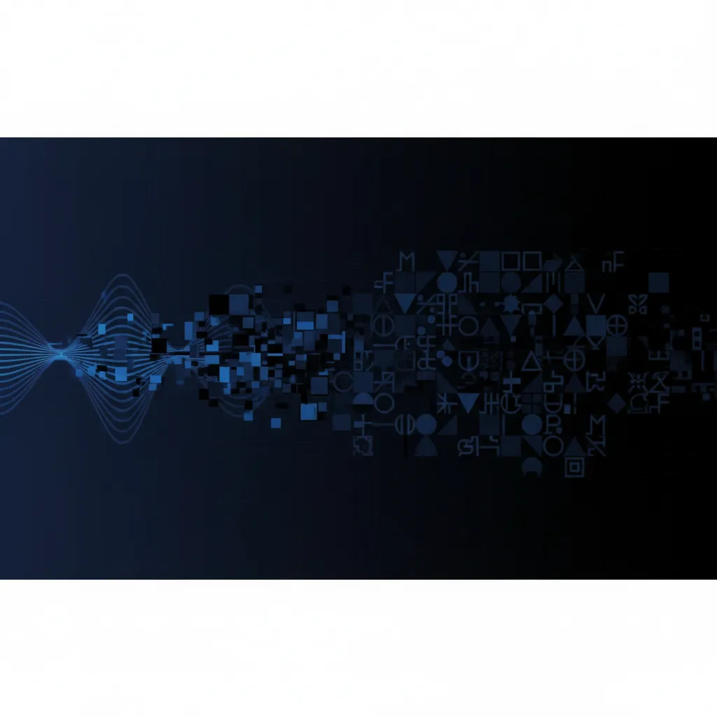 Uma representação abstrata de ondas sonoras digitais se transformando em texto, estilo minimalista.