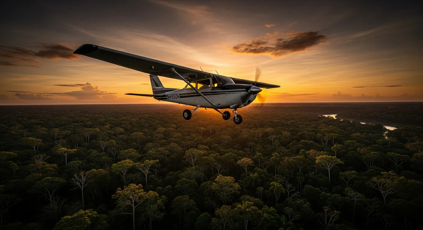 Monomotor sobrevoando a floresta amazônica ao pôr do sol, tema de aventura e destino