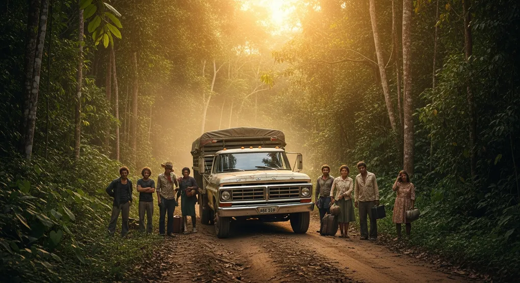 Imigrantes chegando ao destino errado, caminhão na estrada de terra de Rondônia, luz dourada