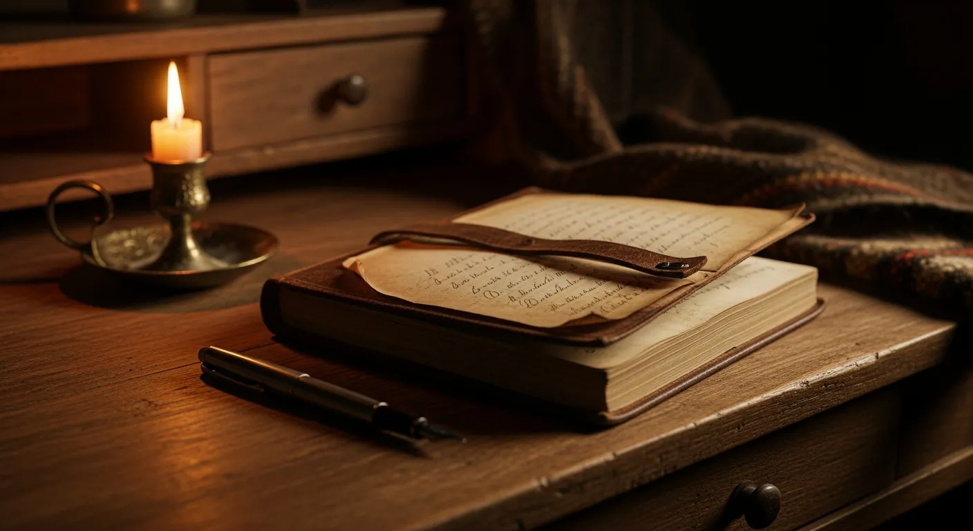 Diário antigo sobre mesa de madeira, pena de escrever, luz de vela, tema de memória e escrita
