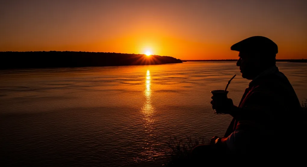 Rio Uruguay at sunset viewed from São Borja Brazil side, Argentina visible on the far bank, gaucho silhouette in foreground, warm golden light, border identity theme, photorealistic cinematic