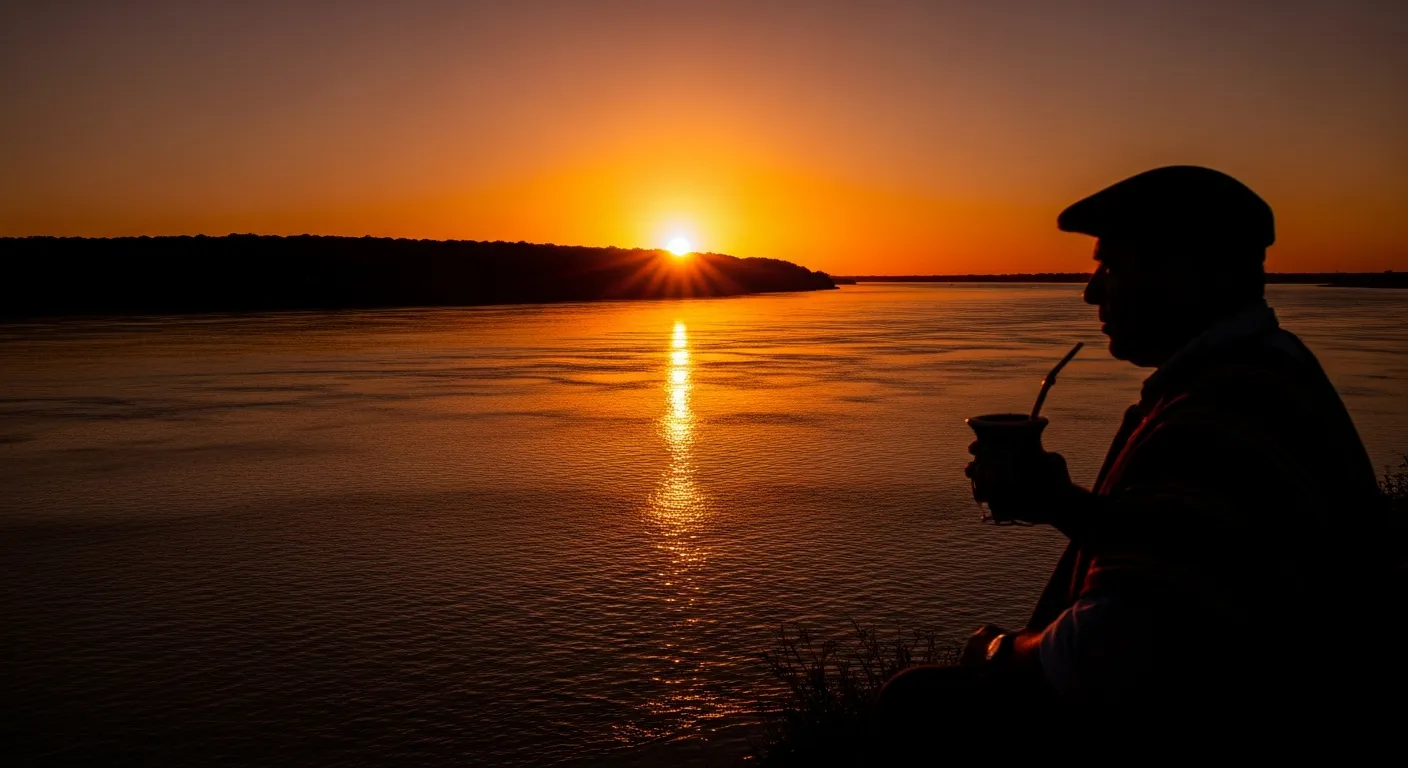 Rio Uruguay at sunset viewed from São Borja Brazil side, Argentina visible on the far bank, gaucho silhouette in foreground, warm golden light, border identity theme, photorealistic cinematic