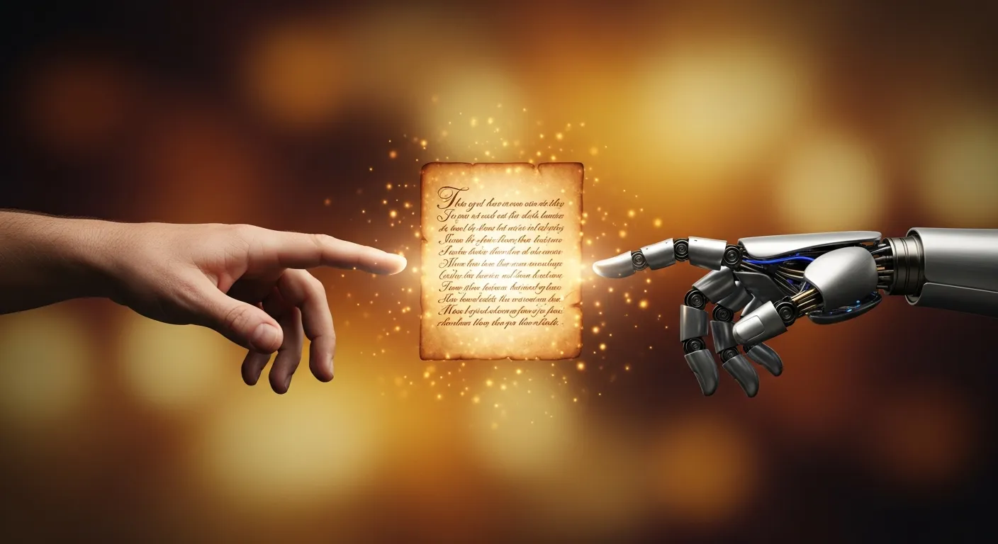 Mão humana e mão robótica quase se tocando, entre elas um manuscrito iluminado, dualidade filosófica entre humanidade e IA
