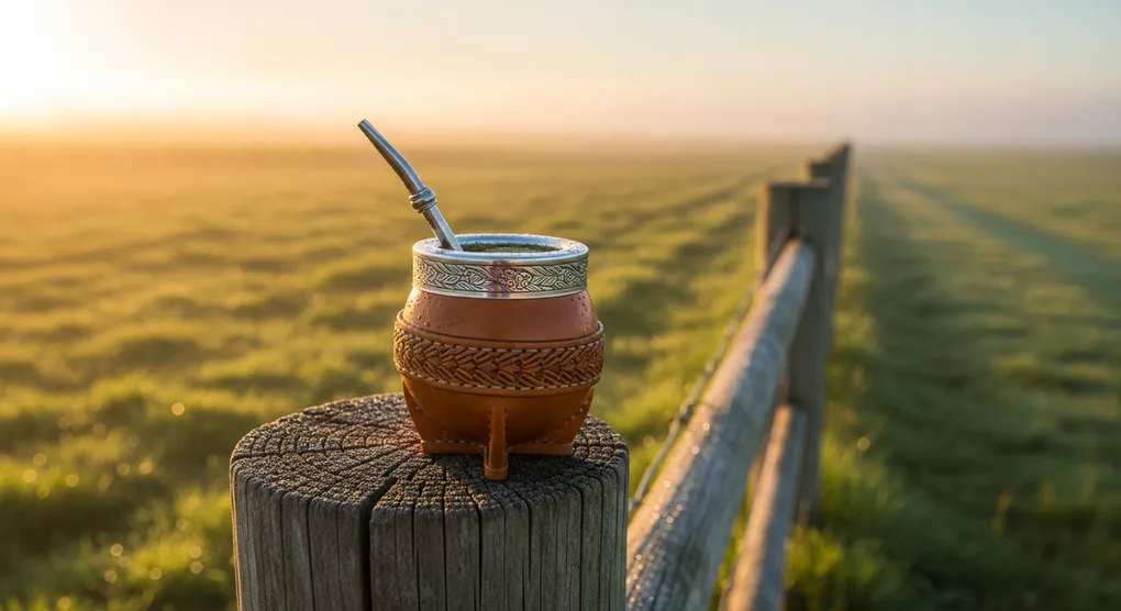 chimarrão gourd and bombilla on a weathered wooden fence post at the border between Argentina and Uruguay, morning mist, gaucho landscape, warm golden light, photorealistic