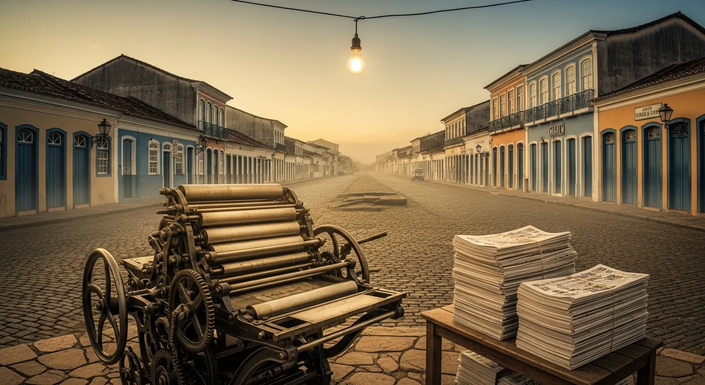 Cidade histórica no sul do Brasil com tipografia de jornal em primeiro plano, tema de jornalismo e memória