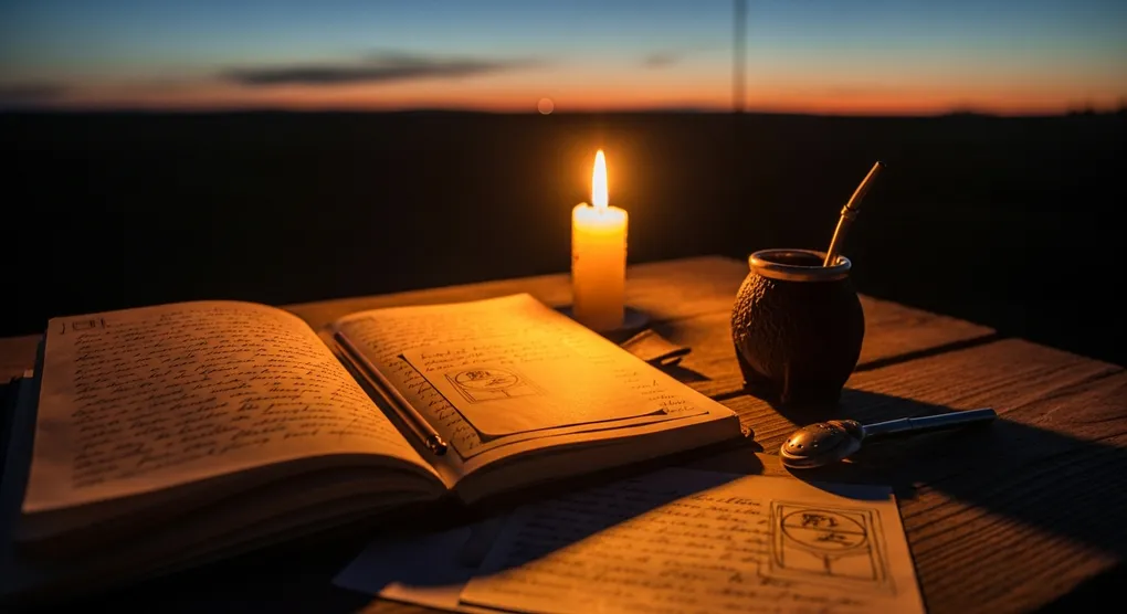 Caderno antigo de couro aberto sobre uma mesa rústica, iluminado pela luz quente de uma vela, simbolizando o peso e a preservação da memória.