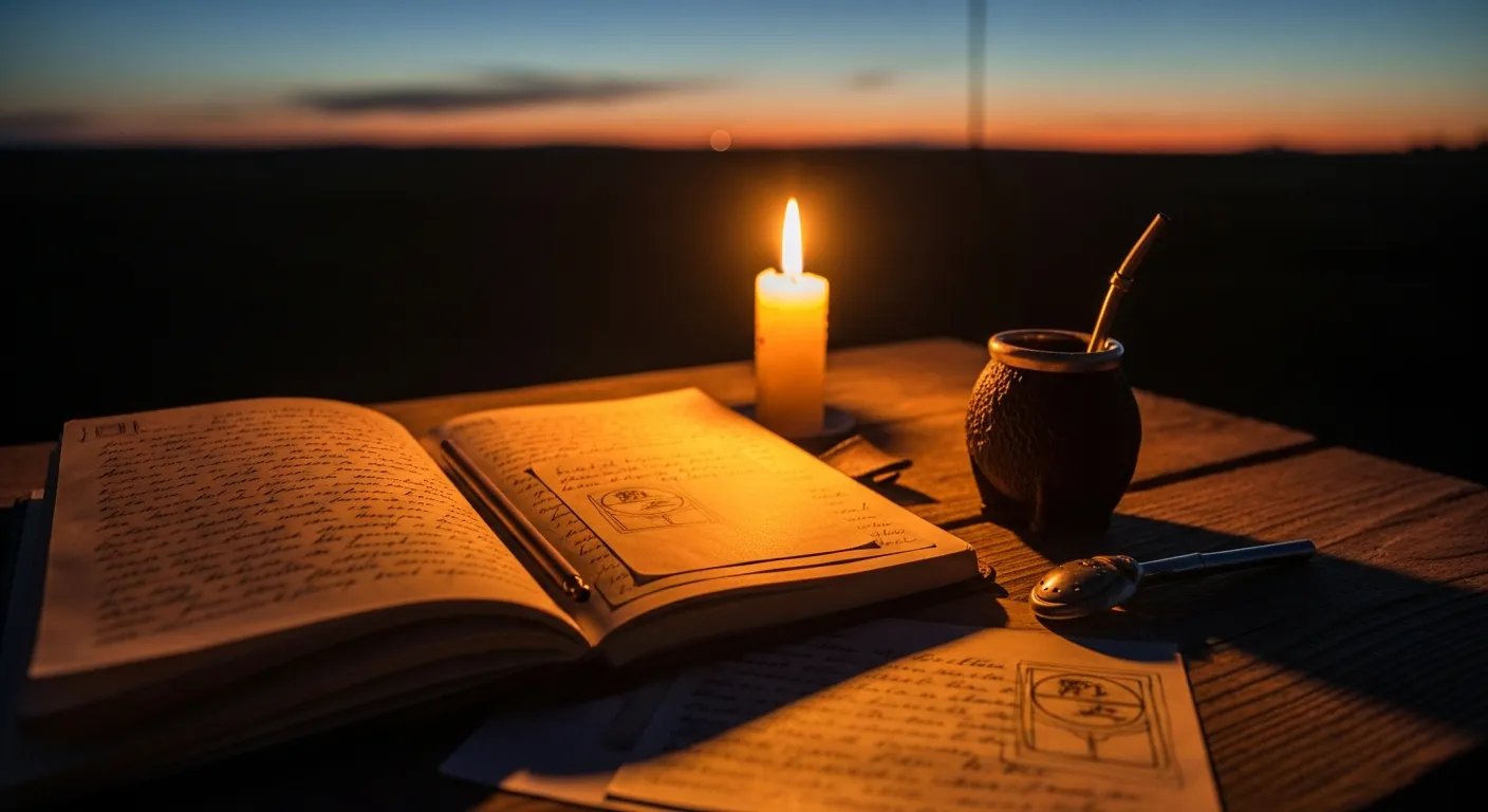 Caderno antigo de couro aberto sobre uma mesa rústica, iluminado pela luz quente de uma vela, simbolizando o peso e a preservação da memória.